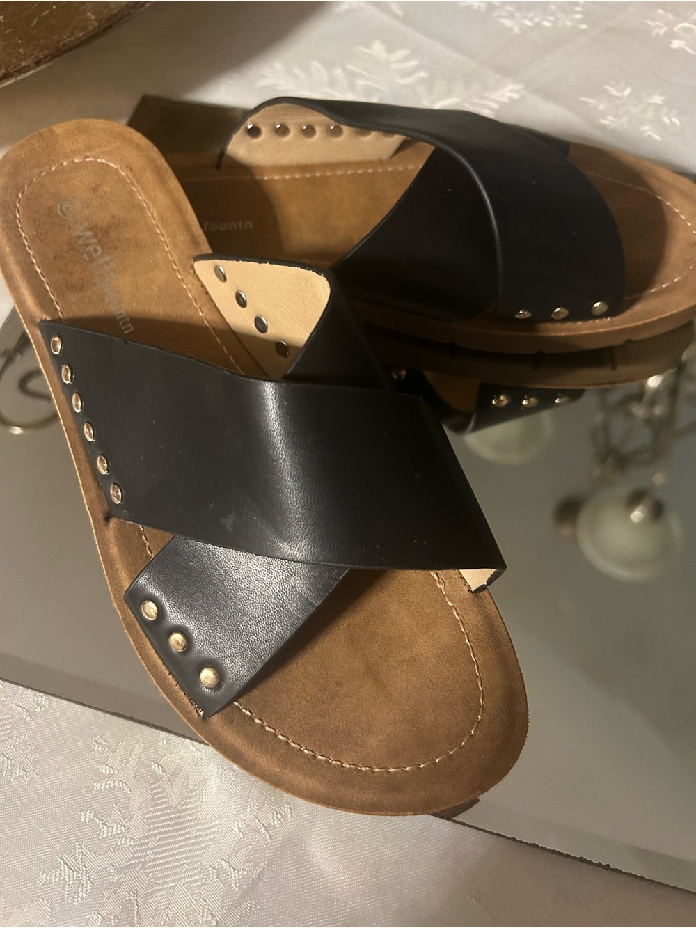 Black Leather Crossband Slide Sandals - Women